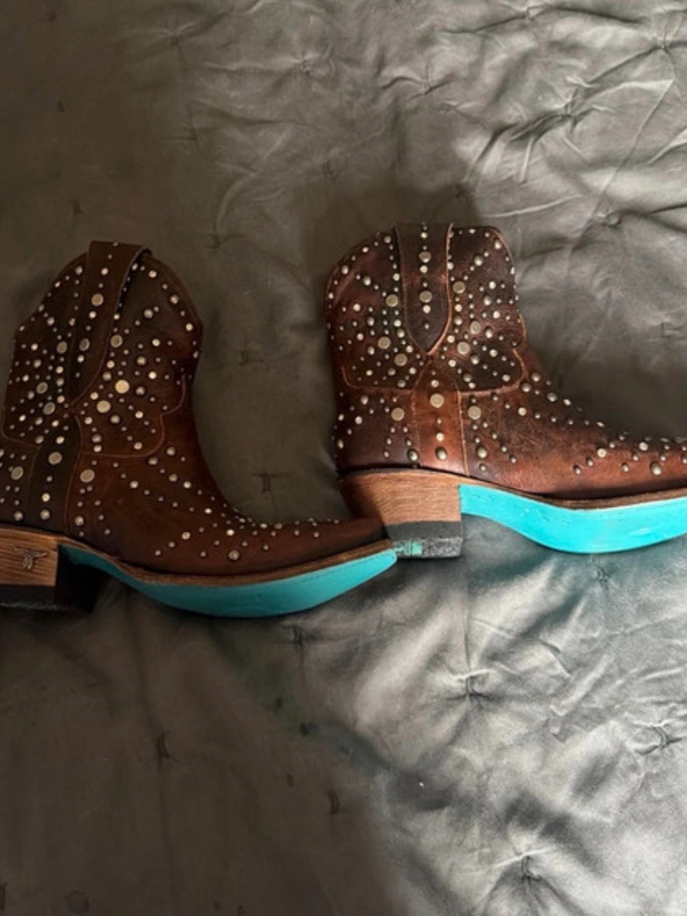 Brown Studded Ankle Western Booties with Bright Turquoise Sole